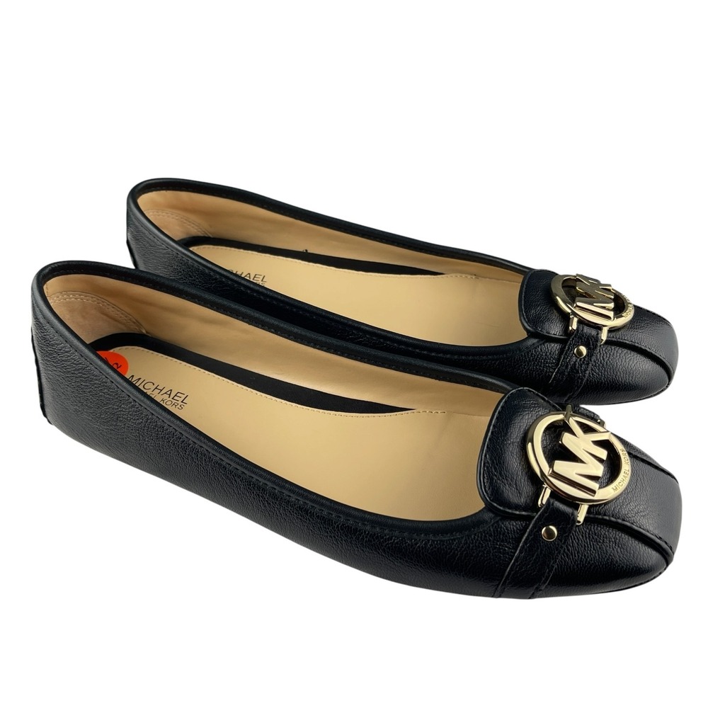 Michael Kors Fulton Ballet Flats 9.5M Black Leather Gold MK Logo Driving Mocs